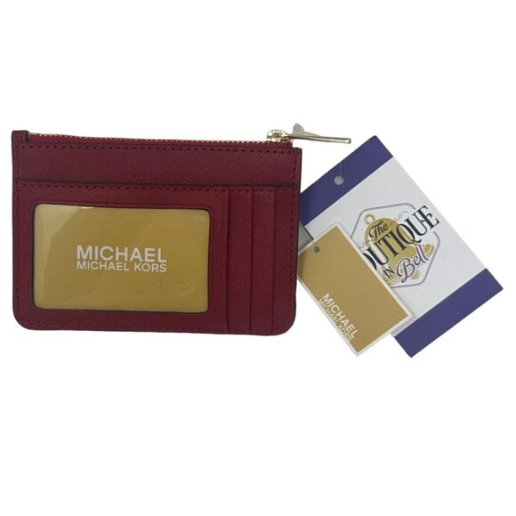 NWT Michael Kors Jet Set Travel Scarlet Leather Coinpouch Wallet Gold Accents - Picture 1 of 12